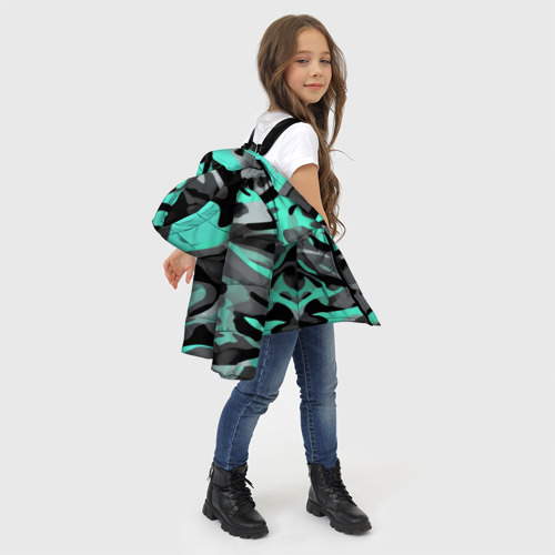 Зимняя куртка для девочек 3D с принтом Серо-бирюзовый камуфляж, фото #4
