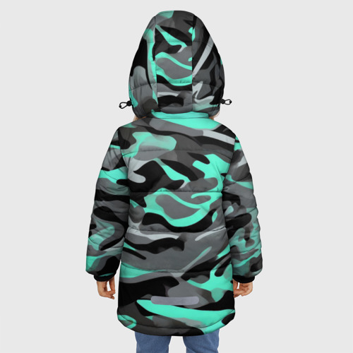 Зимняя куртка для девочек 3D с принтом Серо-бирюзовый камуфляж, вид сзади #2