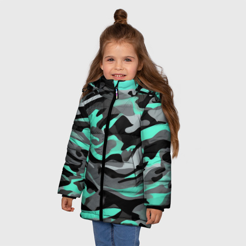 Зимняя куртка для девочек 3D с принтом Серо-бирюзовый камуфляж, фото на моделе #1