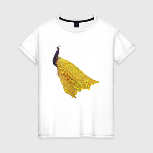 Женская футболка из хлопка с принтом Павлин с золотым хвостом, вид спереди №1