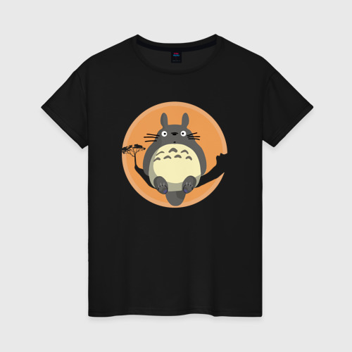 Женская футболка хлопок Totoro on the tree, цвет черный