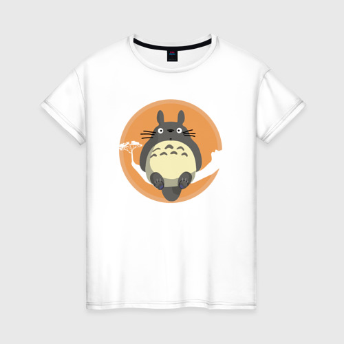 Женская футболка из хлопка с принтом Totoro on the tree, вид спереди №1