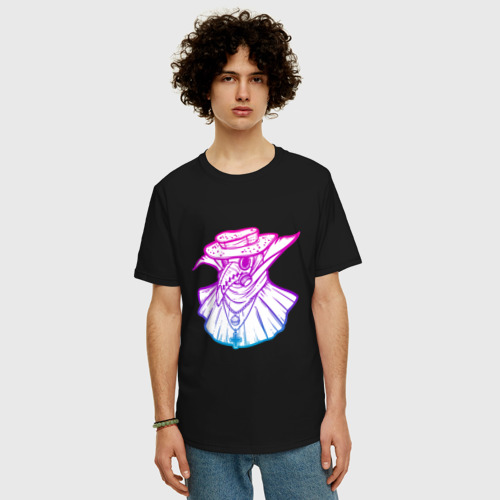 Мужская футболка хлопок Oversize с принтом Чумной доктор neon, фото на моделе #1