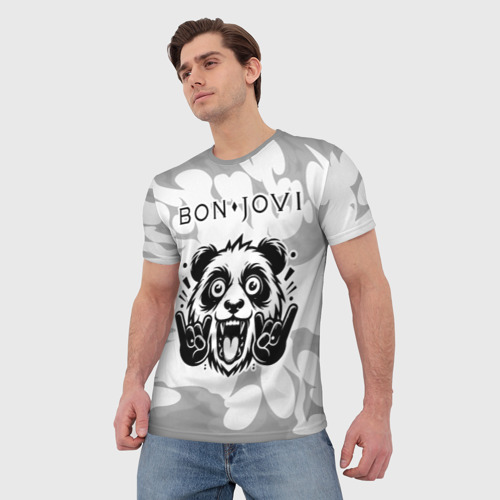 Мужская футболка 3D Bon Jovi рок панда на светлом фоне, цвет 3D печать - фото 3