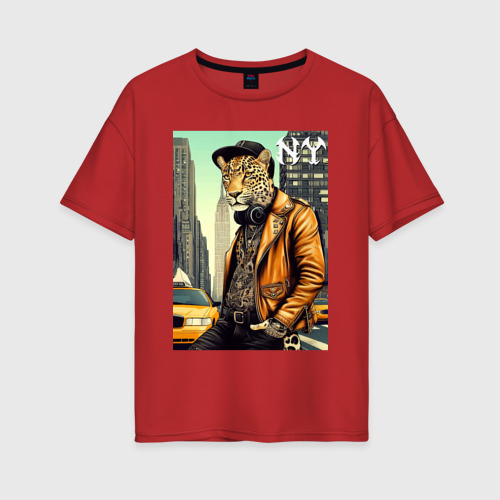 Женская футболка хлопок Oversize The cool leopard is a New Yorker, цвет красный