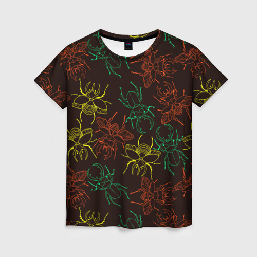 Женская футболка 3D с принтом Разноцветные жуки носороги, вид спереди #2