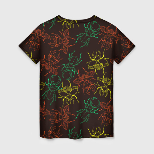 Женская футболка 3D с принтом Разноцветные жуки носороги, вид сзади #1