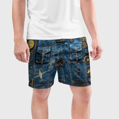 Мужские шорты спортивные с принтом Джинсы лётчика-авиатора, фото на моделе #1