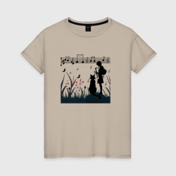 Девушка и кот или музыка для души – Женская футболка хлопок с принтом купить со скидкой в -20%