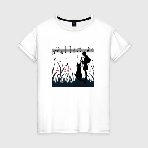 Женская футболка из хлопка с принтом Девушка и кот или музыка для души, вид спереди №1