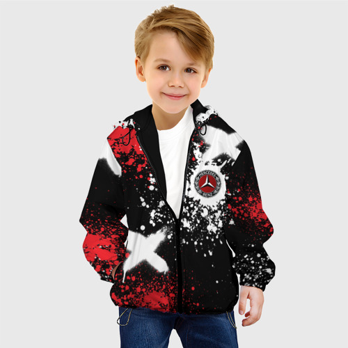 Детская куртка 3D с принтом Мерседес на фоне граффити и брызг красок, фото на моделе #1