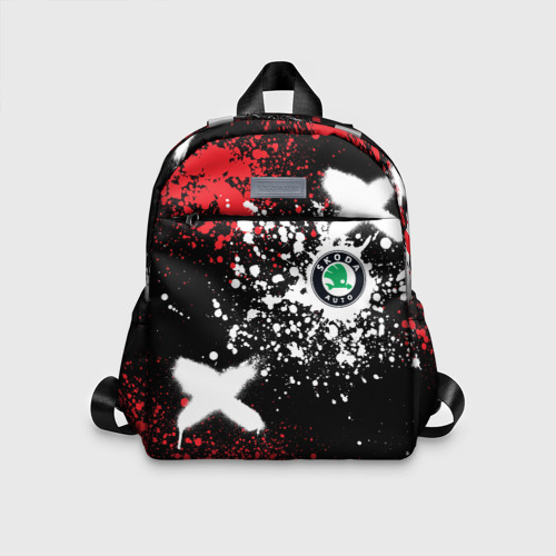 Детский рюкзак 3D с принтом Шкода на фоне граффити и брызг красок, вид спереди #2