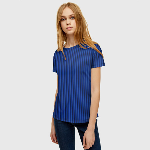 Женская футболка 3D с принтом Синий в вертикальную полоску, фото на моделе #1