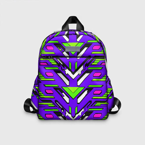 Детский рюкзак 3D с принтом Техно броня фиолетово-зелёная, вид спереди #2