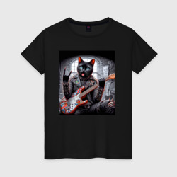 Женская футболка хлопок Чёрный котяра  рок гитарист
