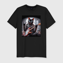 Мужская футболка хлопок Slim Чёрный котяра  рок гитарист