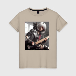 Девчонка рок гитарист с чёрным котом – Женская футболка хлопок с принтом купить со скидкой в -20%
