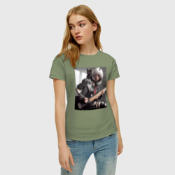 Женская футболка хлопок Девчонка рок гитарист с чёрным котом - фото 2