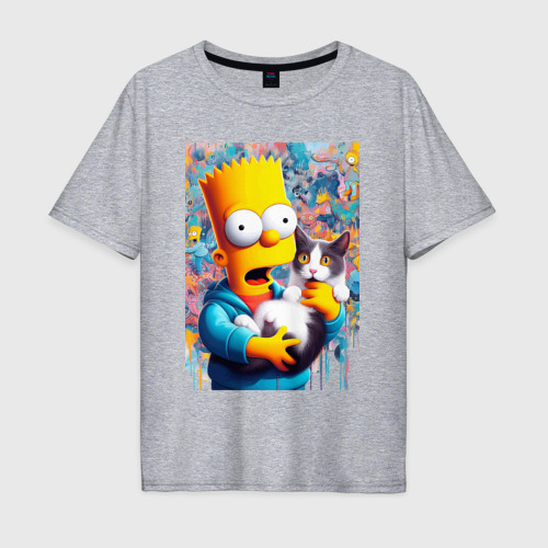 Мужская футболка хлопок Oversize Bart Simpson with a kitten - ai art, цвет меланж