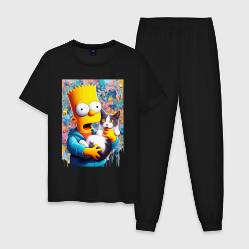 Мужская пижама хлопок Bart Simpson with a kitten - ai art, цвет черный