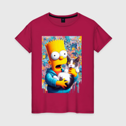 Женская футболка хлопок Bart Simpson with a kitten - ai art