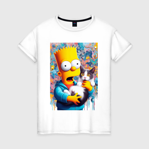 Женская футболка из хлопка с принтом Bart Simpson with a kitten - ai art, вид спереди №1