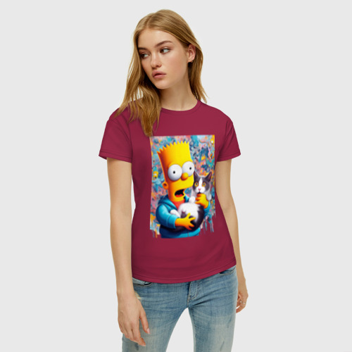 Женская футболка хлопок Bart Simpson with a kitten - ai art, цвет маджента - фото 3