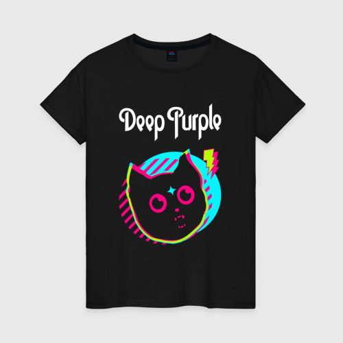 Женская футболка хлопок Deep Purple rock star cat, цвет черный