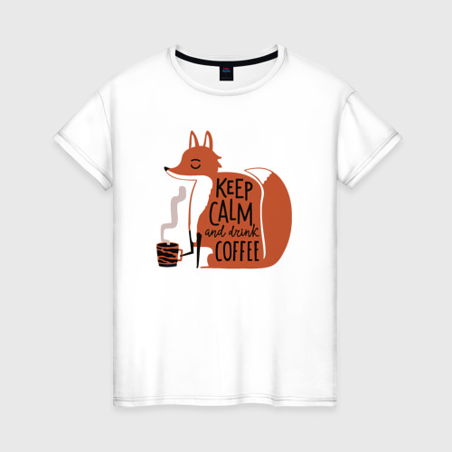Женская футболка из хлопка с принтом Спокойствие и кофе лисий, вид спереди №1