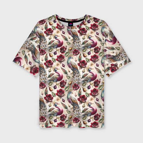 Женская футболка оверсайз с принтом Цветочный паттерн с павлинами, вид спереди №1