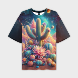 Мужская футболка oversize 3D Кактусы цветущие под космическим небом