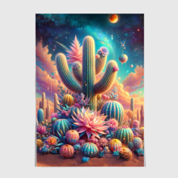Постер Кактусы цветущие под космическим небом