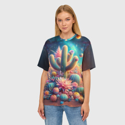Женская футболка oversize 3D Кактусы цветущие под космическим небом - фото 2