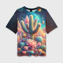 Женская футболка oversize 3D Кактусы цветущие под космическим небом