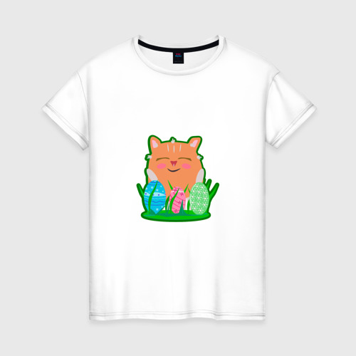 Женская футболка из хлопка с принтом Пасхальный котик, вид спереди №1