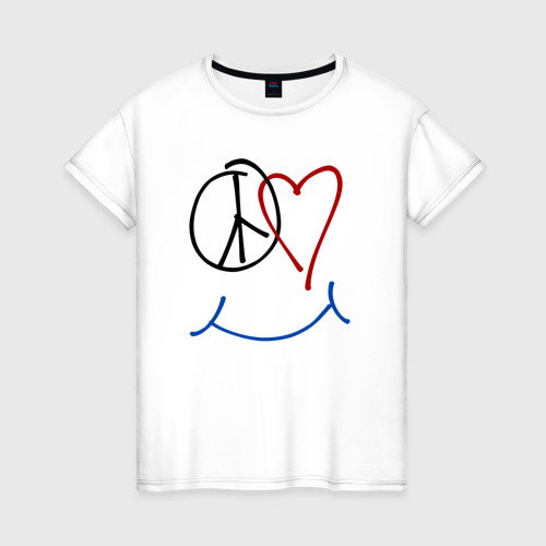 Женская футболка из хлопка с принтом Peace love smile, вид спереди №1