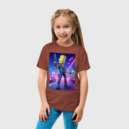 Детская футболка хлопок Cyber Bart - neon glow ai art, цвет кирпичный - фото 5