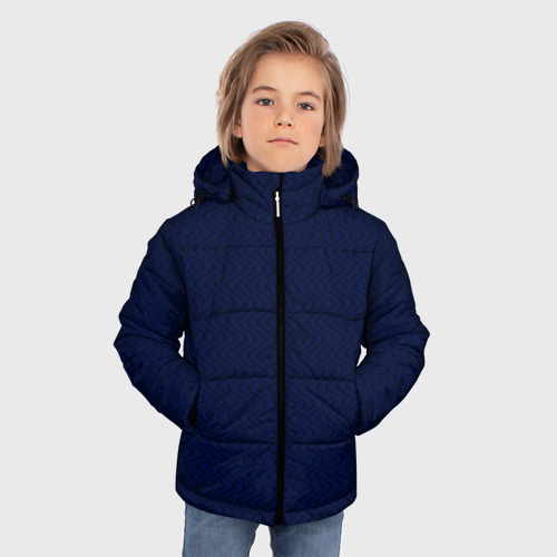 Зимняя куртка для мальчиков 3D с принтом Тёмно-синий волнистые линии, фото на моделе #1