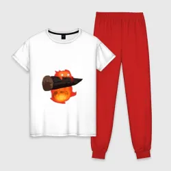 Женская пижама с белой футболкой хлопок Кальцифер ходячий замок