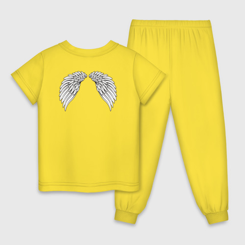 Детская пижама хлопок с принтом Белые крылья с черным контуром, вид сзади #1