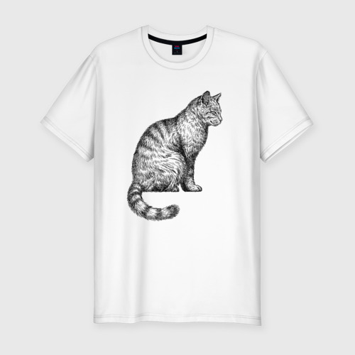 Мужская футболка хлопок Slim с принтом Кошка сидит, вид спереди #2