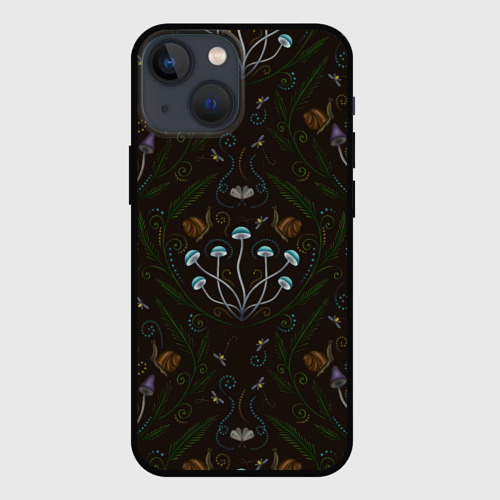 Чехол для iPhone 13 mini Волшебный лес, грибы, улитки и мотыльки - паттерн