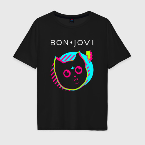 Мужская футболка хлопок Oversize Bon Jovi rock star cat, цвет черный