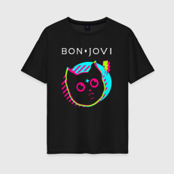Женская футболка хлопок Oversize Bon Jovi rock star cat