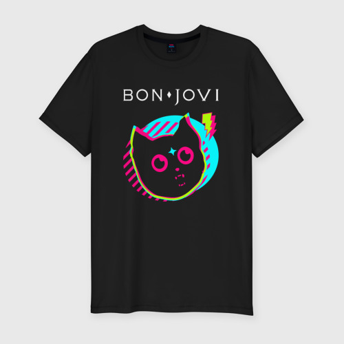 Мужская футболка хлопок Slim Bon Jovi rock star cat, цвет черный