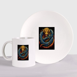 Набор: тарелка + кружка Муай тай синий дракон