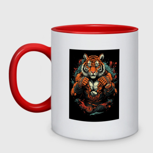 Кружка двухцветная Муай  Тай тигр в стойке, цвет белый + красный