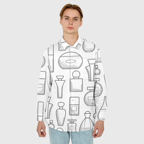 Мужская рубашка oversize 3D с принтом Парфюм белый, фото на моделе #1