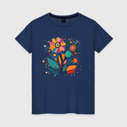 Яркий цветок, веточки и листья – Женская футболка хлопок с принтом купить со скидкой в -20%