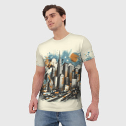 Мужская футболка 3D Рисунок города с небоскребами - фото 2